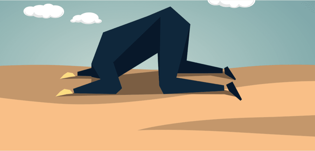 Graphic of a man in a suit shoving his face into the sand