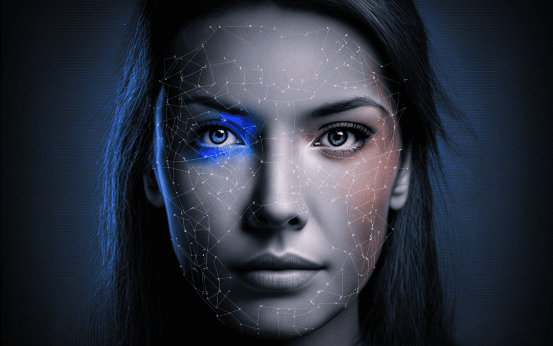 Biometric Facial Recognition Technology Visualized as Geometric Vectors on a Woman's Face.