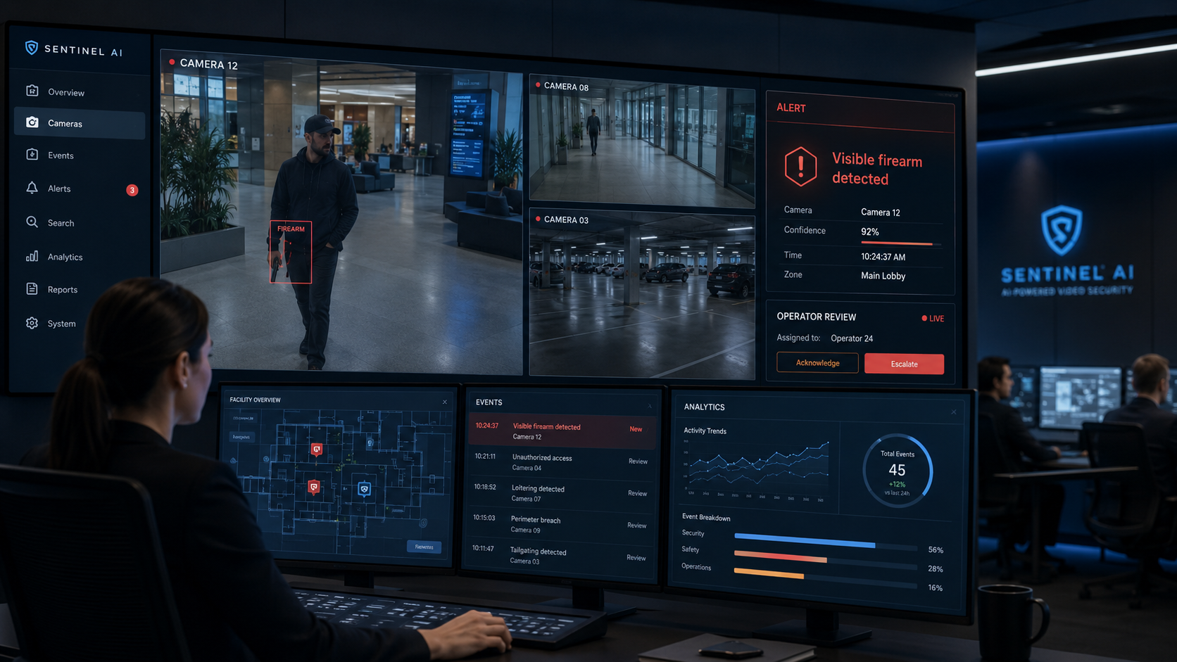 AI gun detection analyzing live security camera video to flag a visible firearm